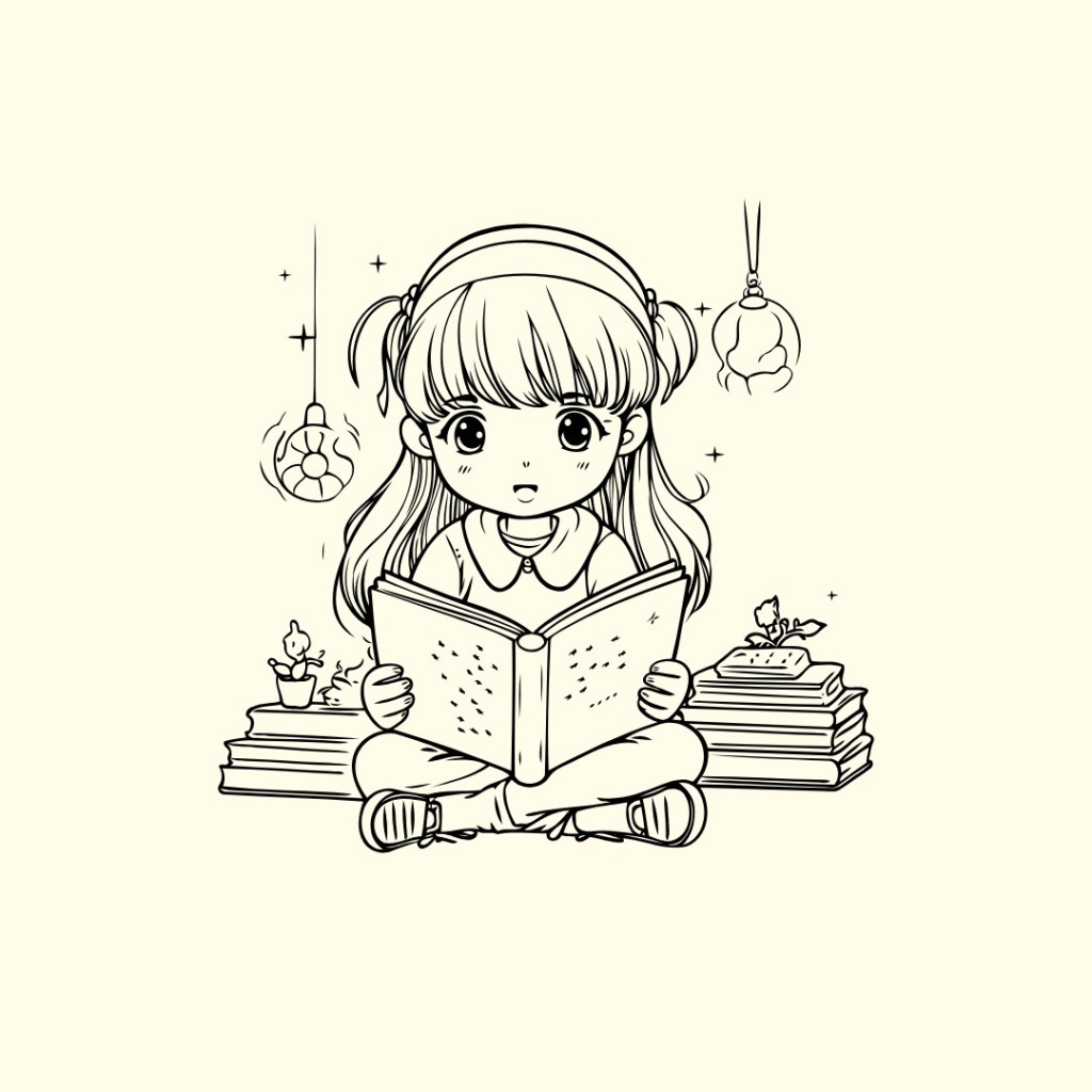 little girl reading books in library